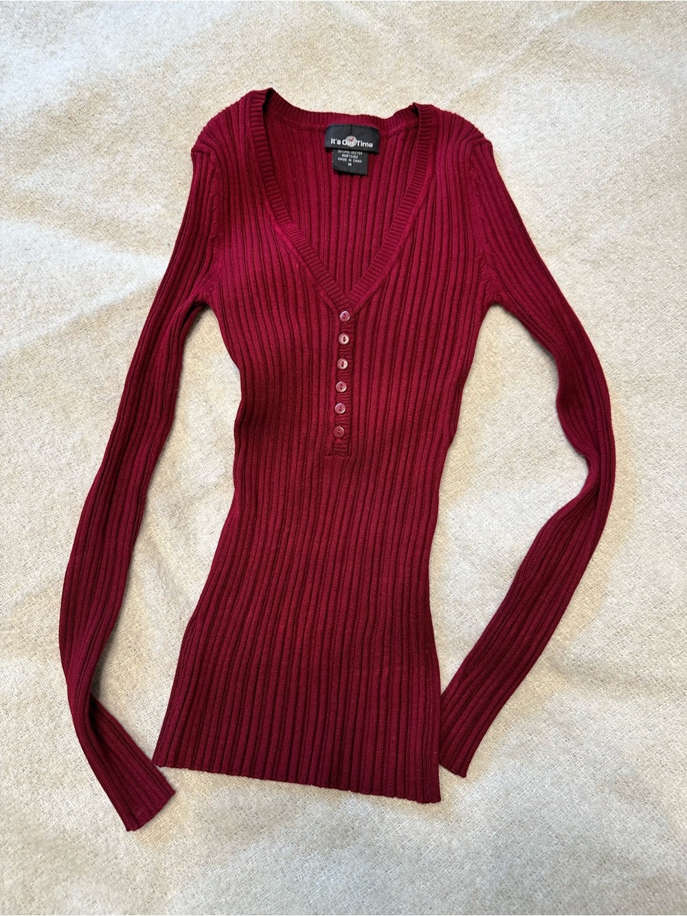 Vintage It’s Our Time - Burgundy Ribbed Henley - Medium